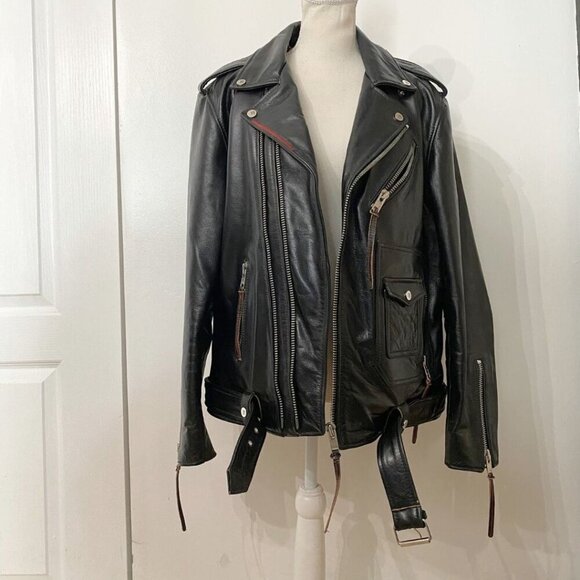 MASTER SUPPLY MEN'S BLACK HANDMADE LEATHER RED STITCHING ZIP UP MOTO JACKET - M - Picture 4 of 13